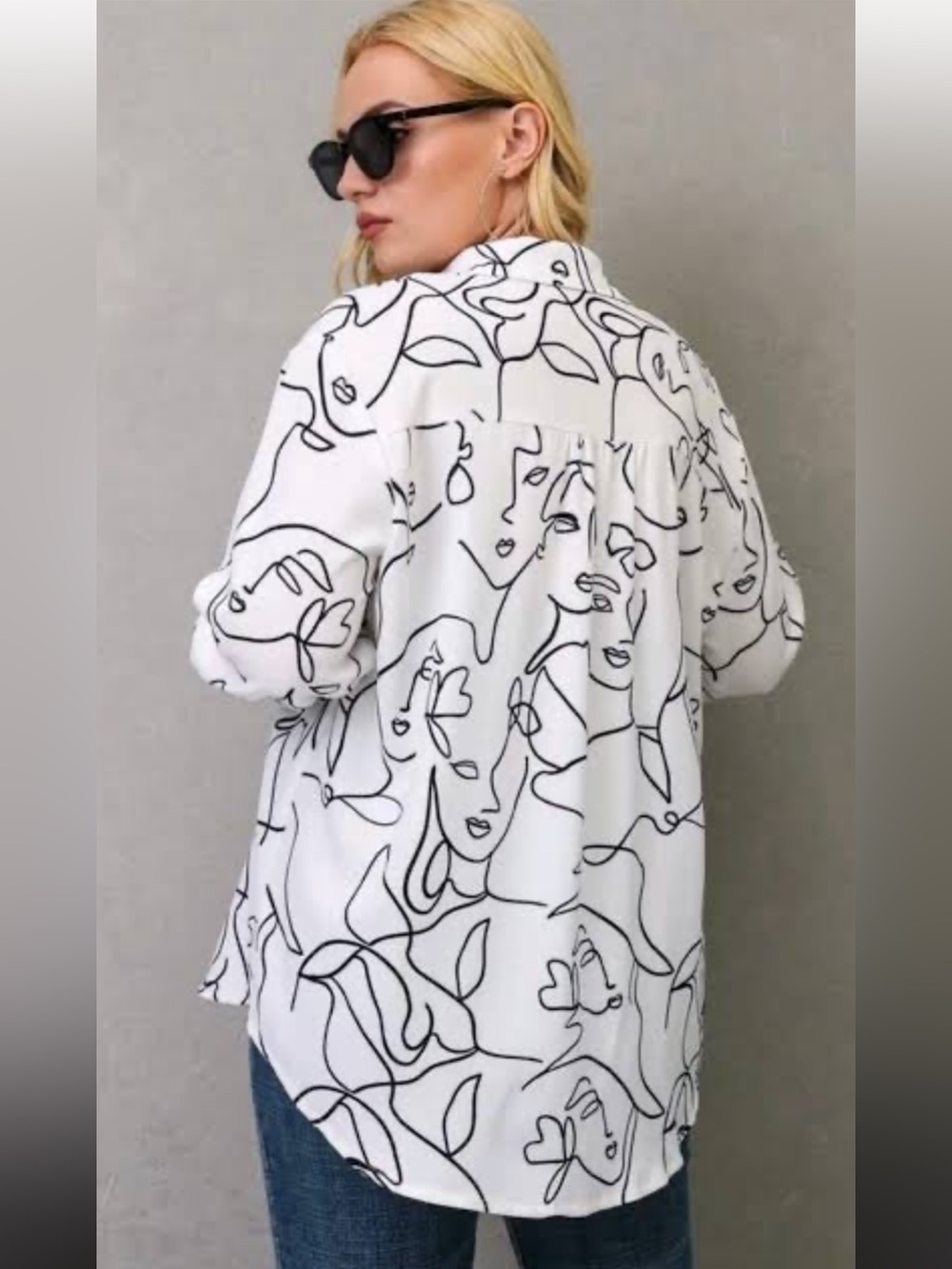 White Abstract Line-Drawn Button-Up Blouse with Red Accent